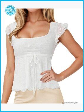 Y2K Square Neck Cap Sleeve Peplum Top Lettuce Trim Ruffle Hem Tee Shirt